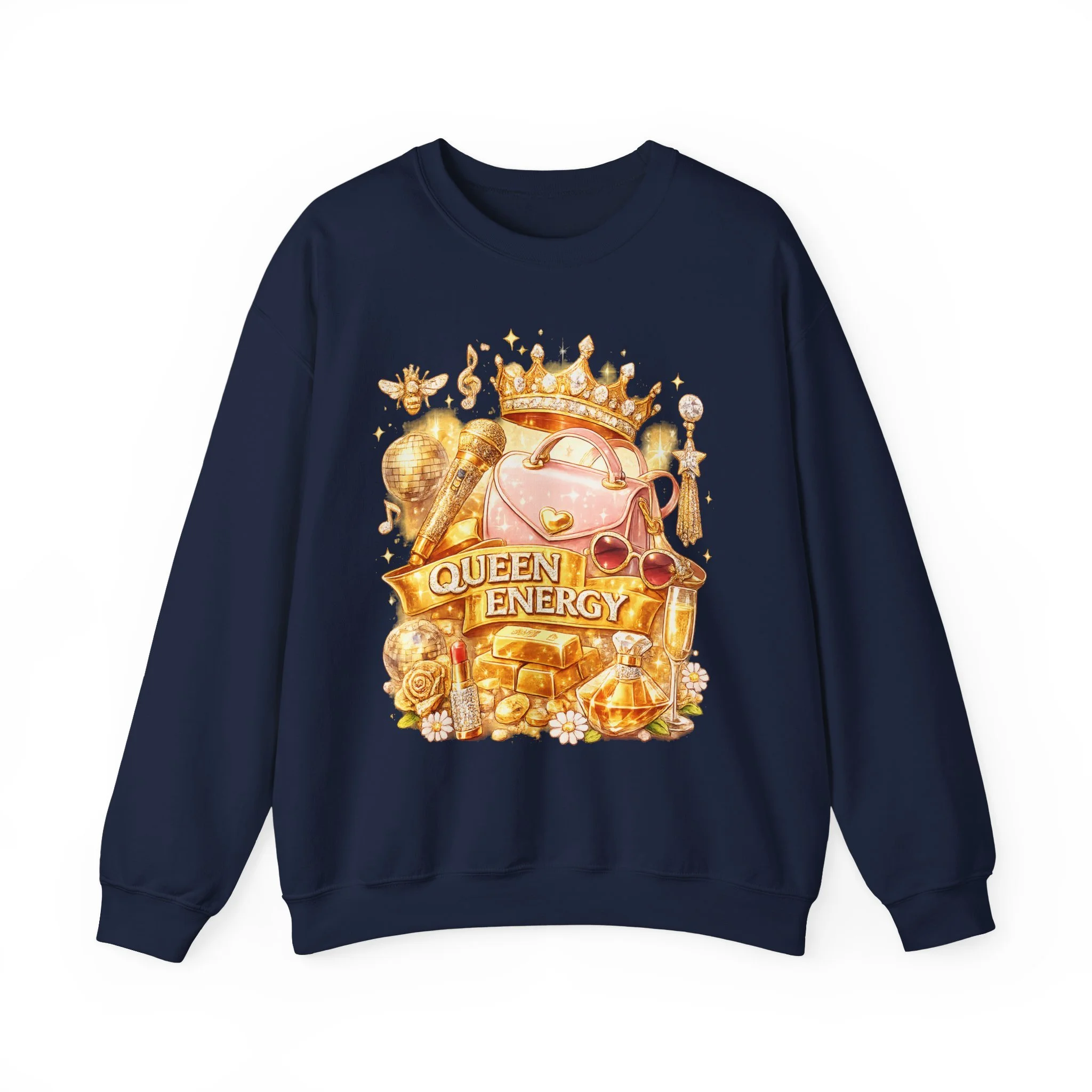 Queen B Energy Crewneck Sweatshirt – Gold Crown & Luxe Icon Graphic BeyHive Approved
