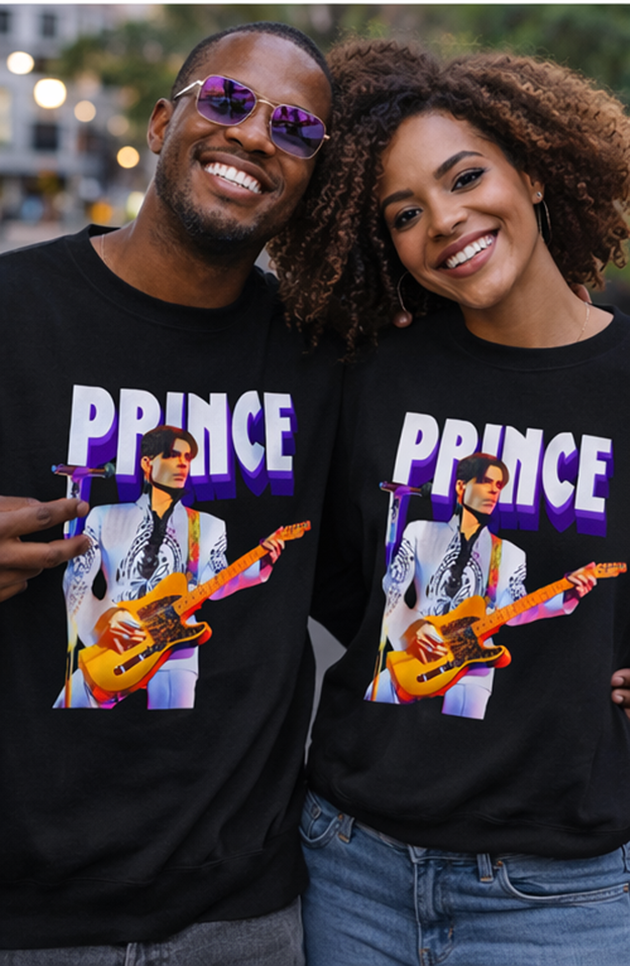 Purple Retro Guitarist Crewneck Sweatshirt | Music Band Graphic Prince