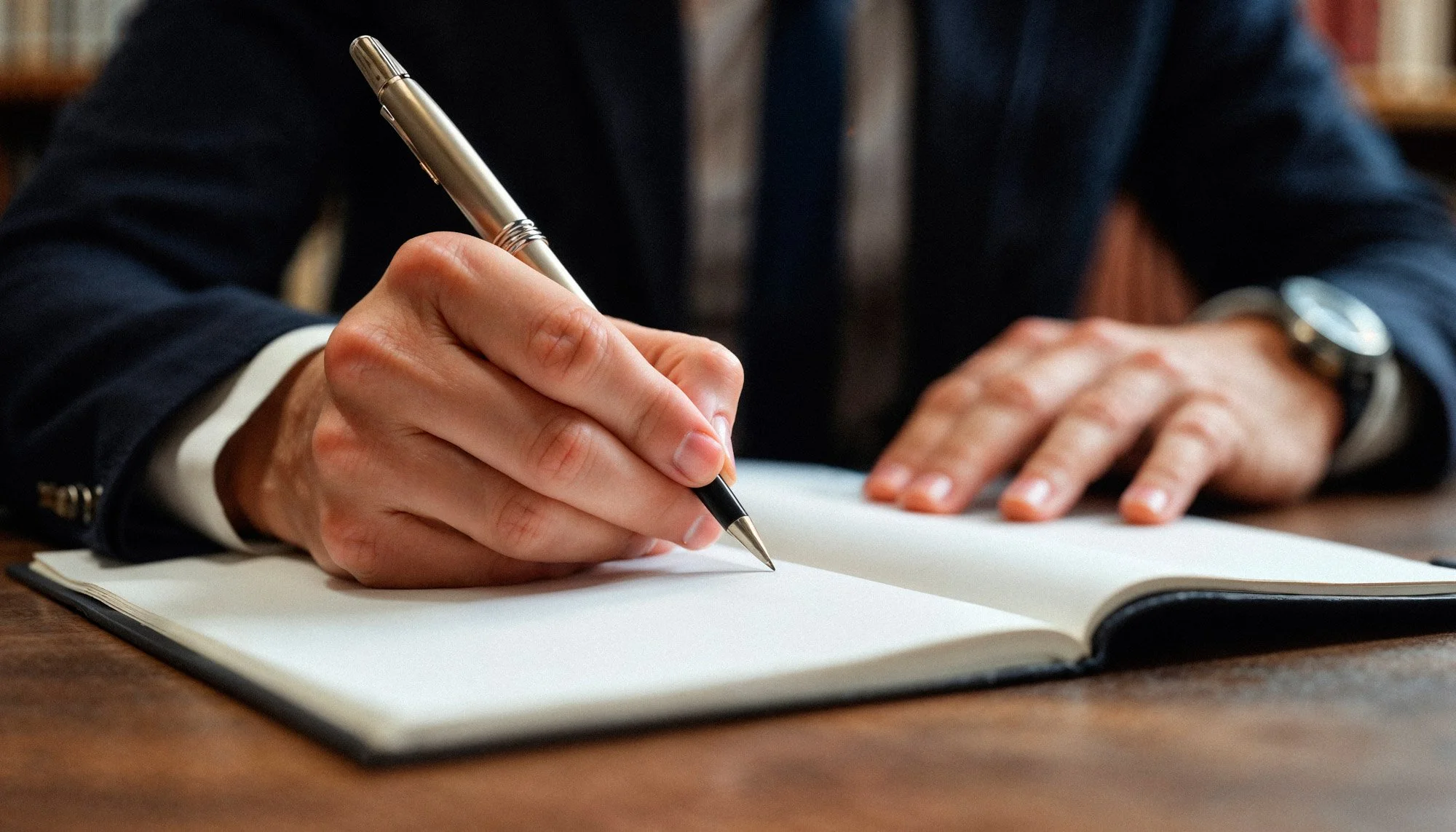 Person in business attire writing in a notebook on a wooden table.