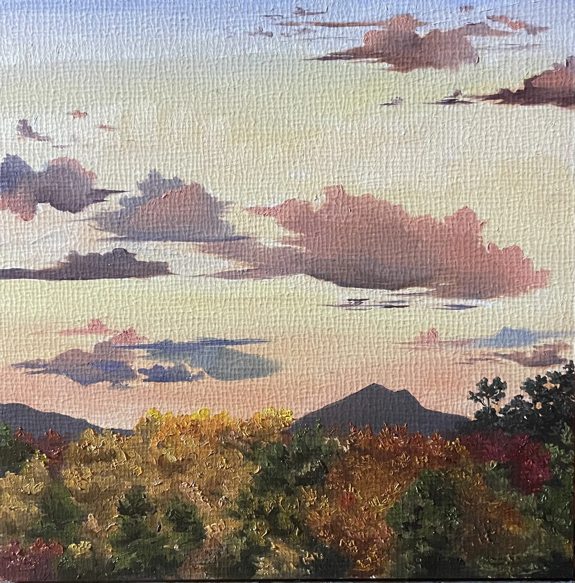 Vermont Autumn Sunset, oil on panel, 6x6", inquire for details