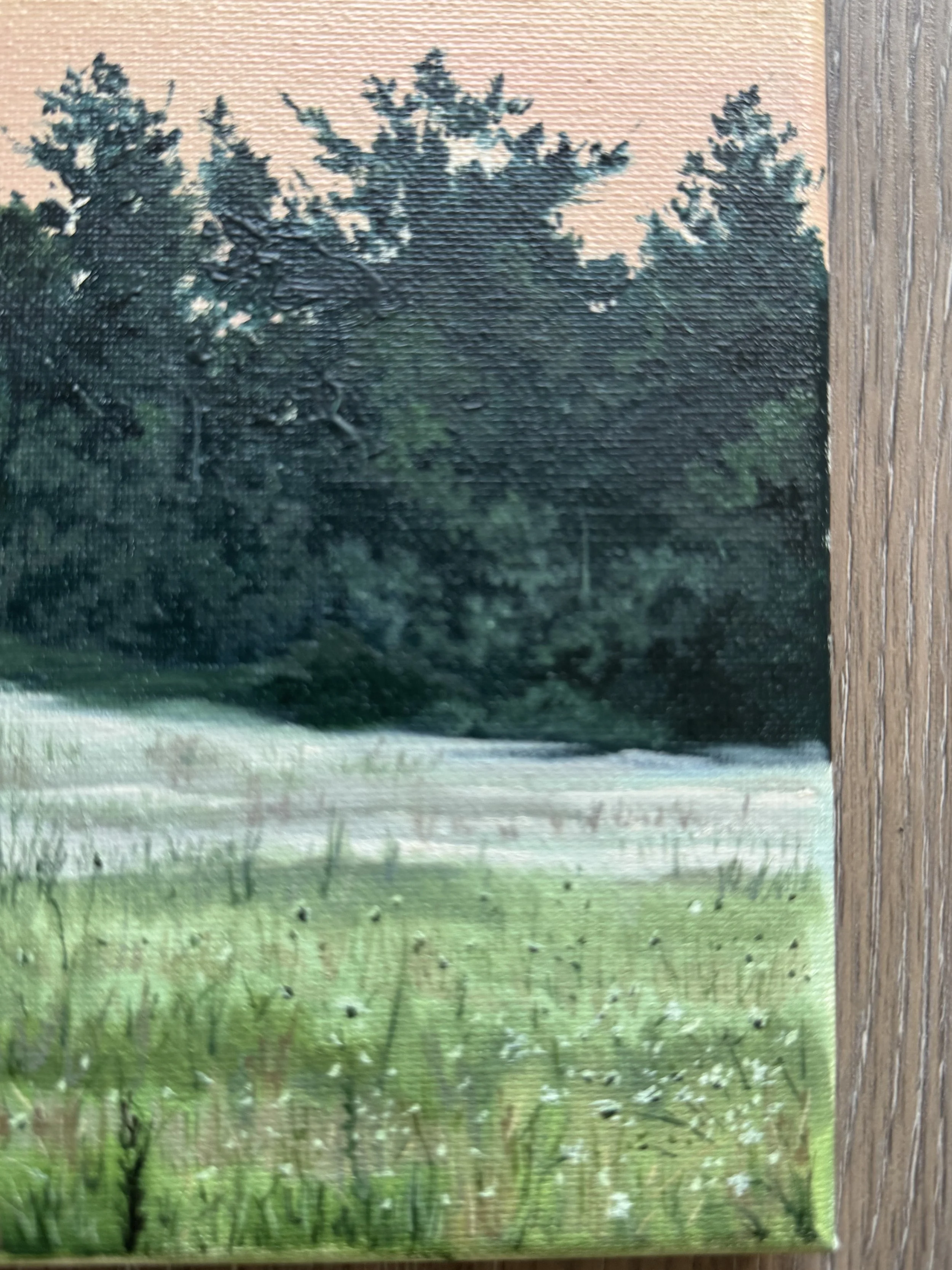 Close-up detail of Mist Over Wildflowers oil painting showing delicate wildflowers and soft brushwork in morning mist.