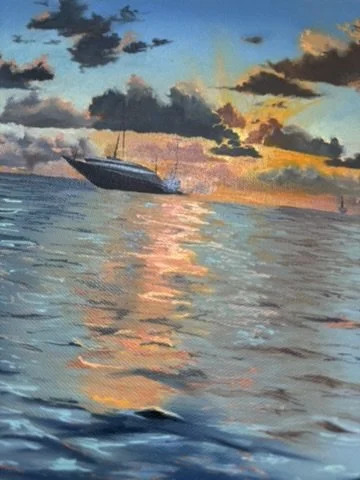 Solace at Sunset 16x16 oil painting on canvas with finished edges and wire backing, ready to hang Caribbean fine art.