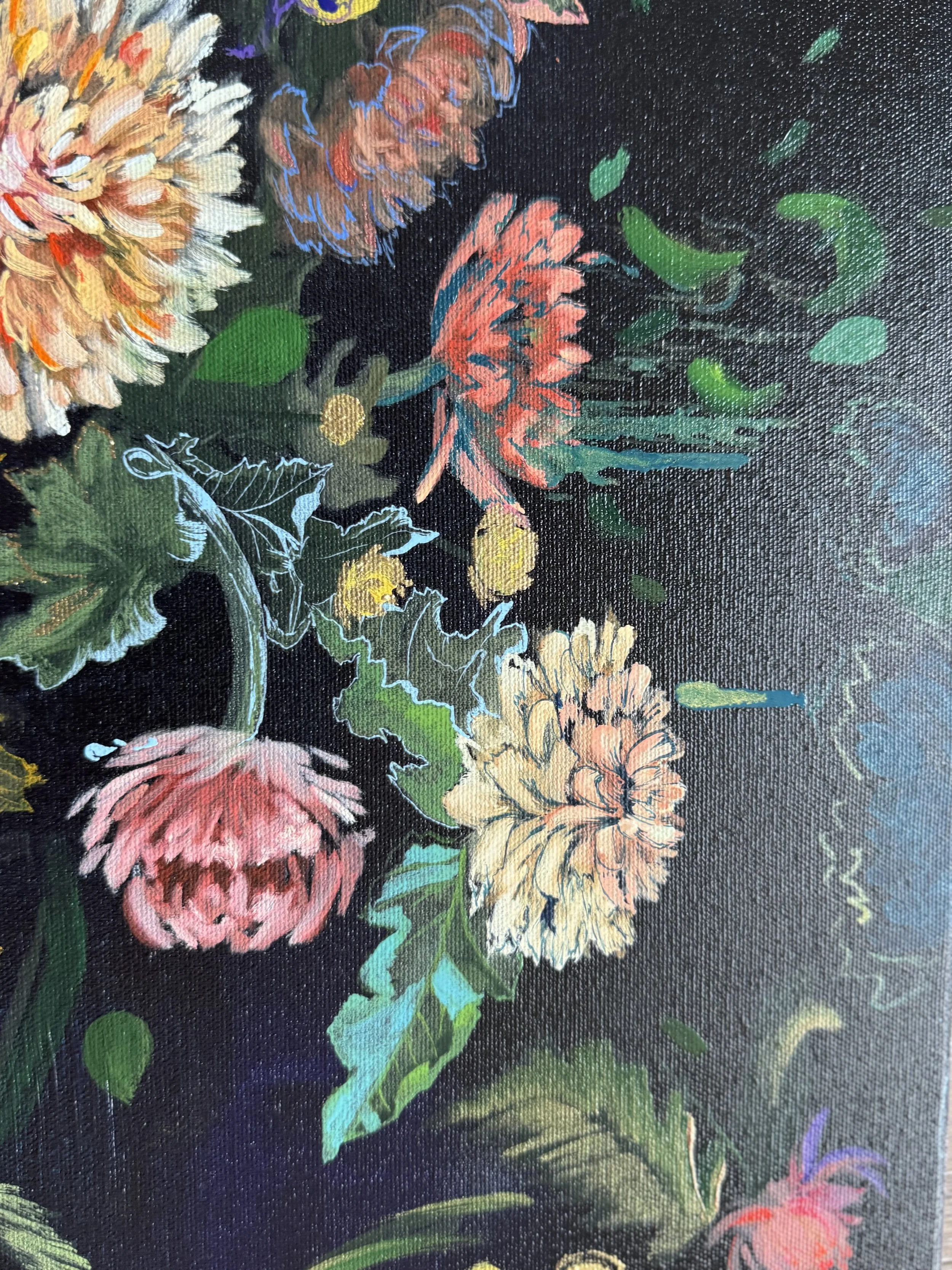 Enigmatic Flow 12x24 floral expressionism oil painting on canvas with finished edges and wire backing, ready to hang botanical fine art.