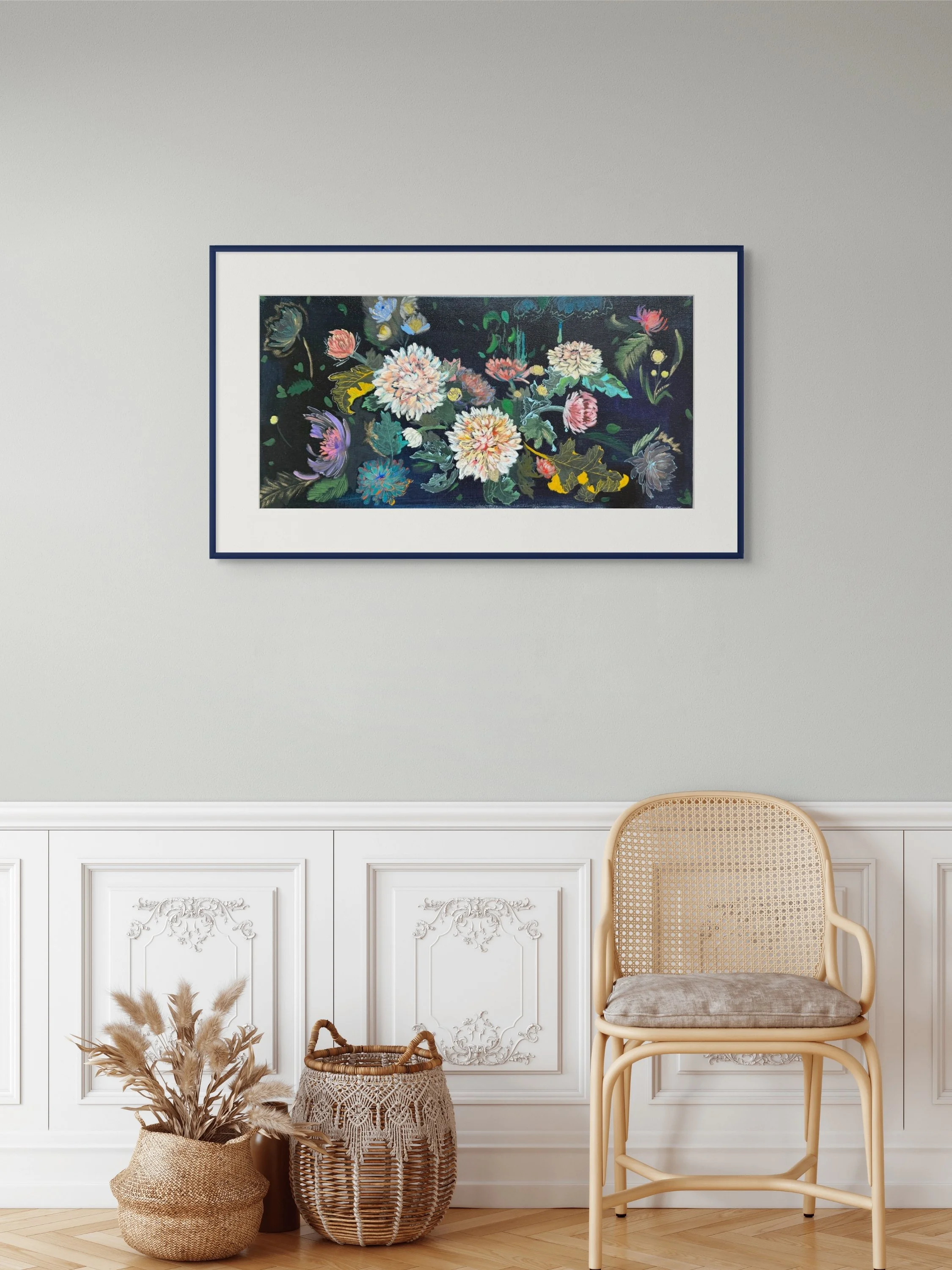 Original 12x24 inch floral expressionism painting titled “Enigmatic Flow” by artist Grace Longmore. A vivid composition of abstract blooms, color movement, and metallic accents.