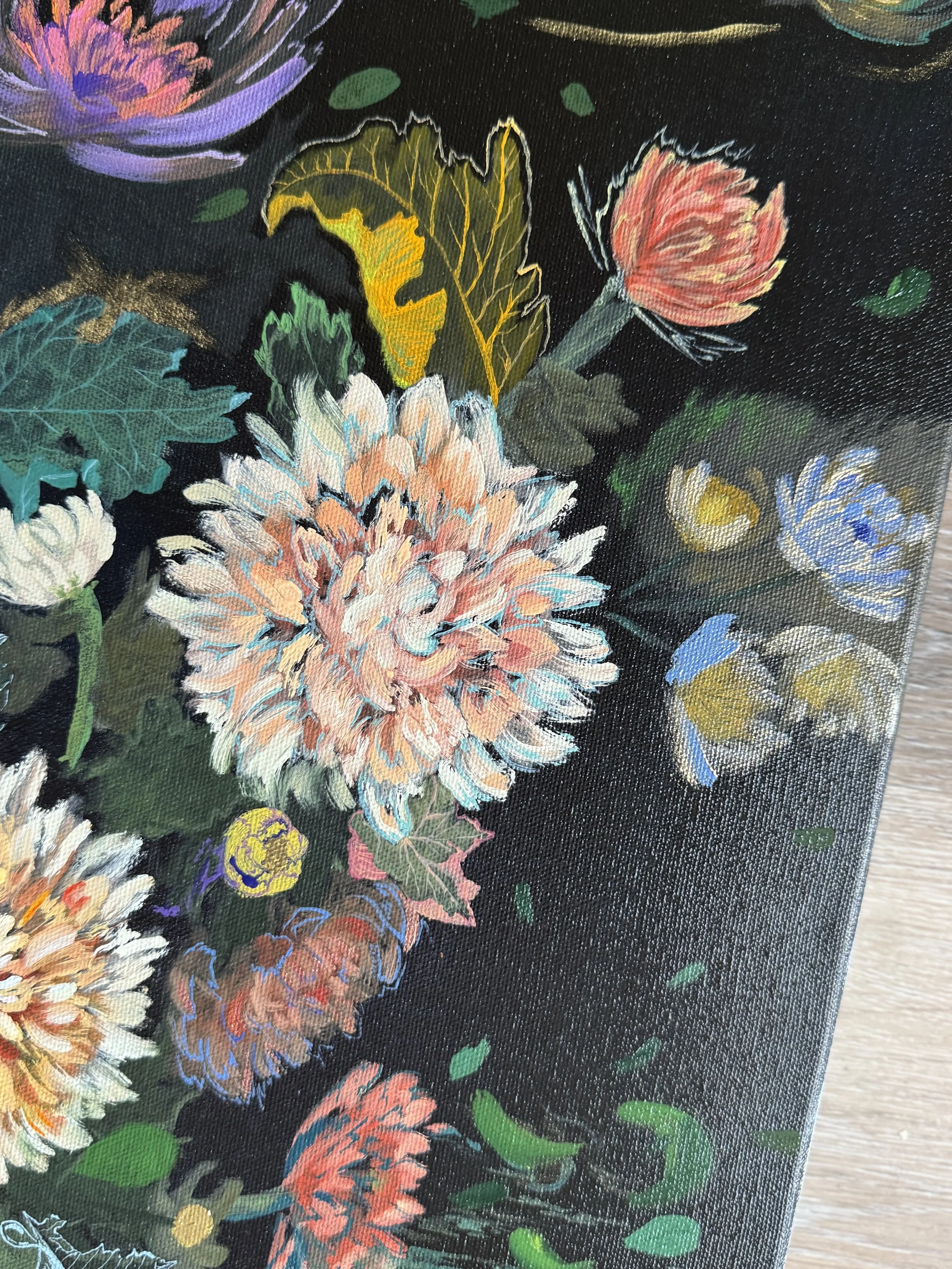 Close-up of Enigmatic Flow floral expressionism painting with fine colorful linework on leaves and shimmering metallic embellishment.