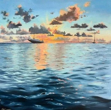 Solace at Sunset, original 16x16 oil seascape painting of a radiant St. Barts sunset with glowing clouds, rippling ocean reflections, and distant boats.