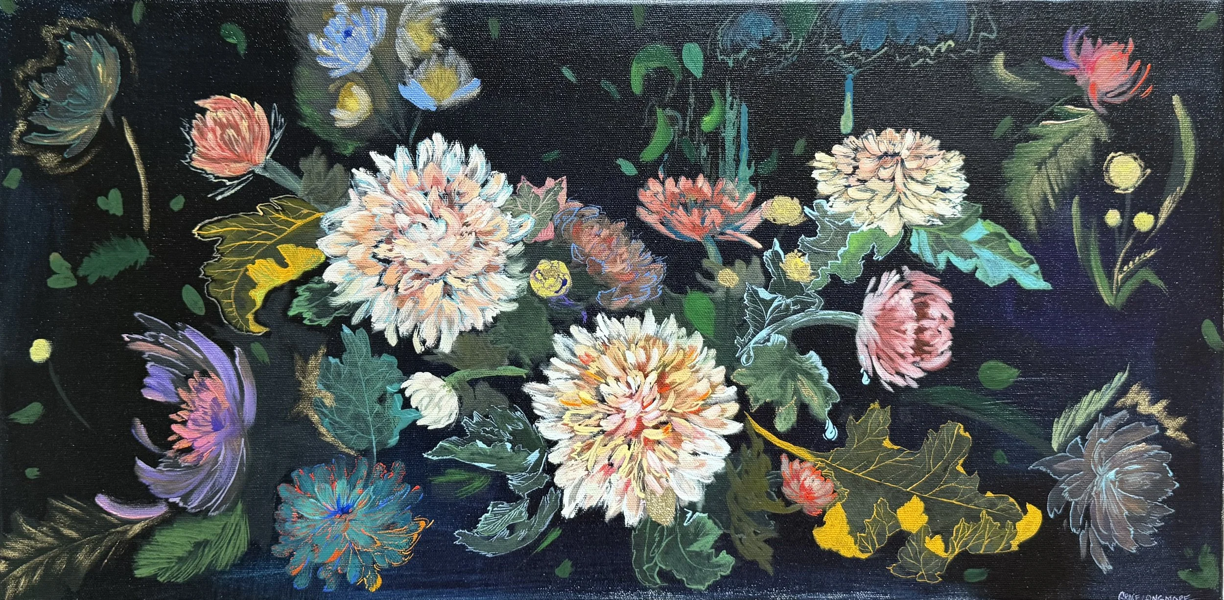 Enigmatic Flow, original 12x24 floral expressionism oil painting with chrysanthemums in white, pink, and orange on deep indigo background with metallic accents.
