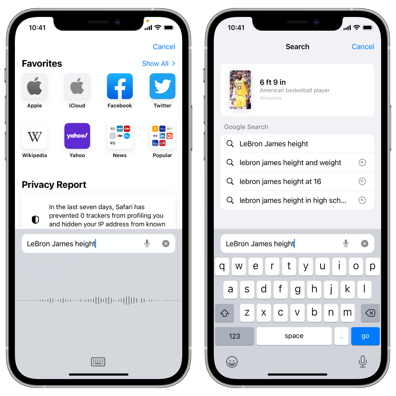 Composite showing input and result for the Safari Voice Search feature