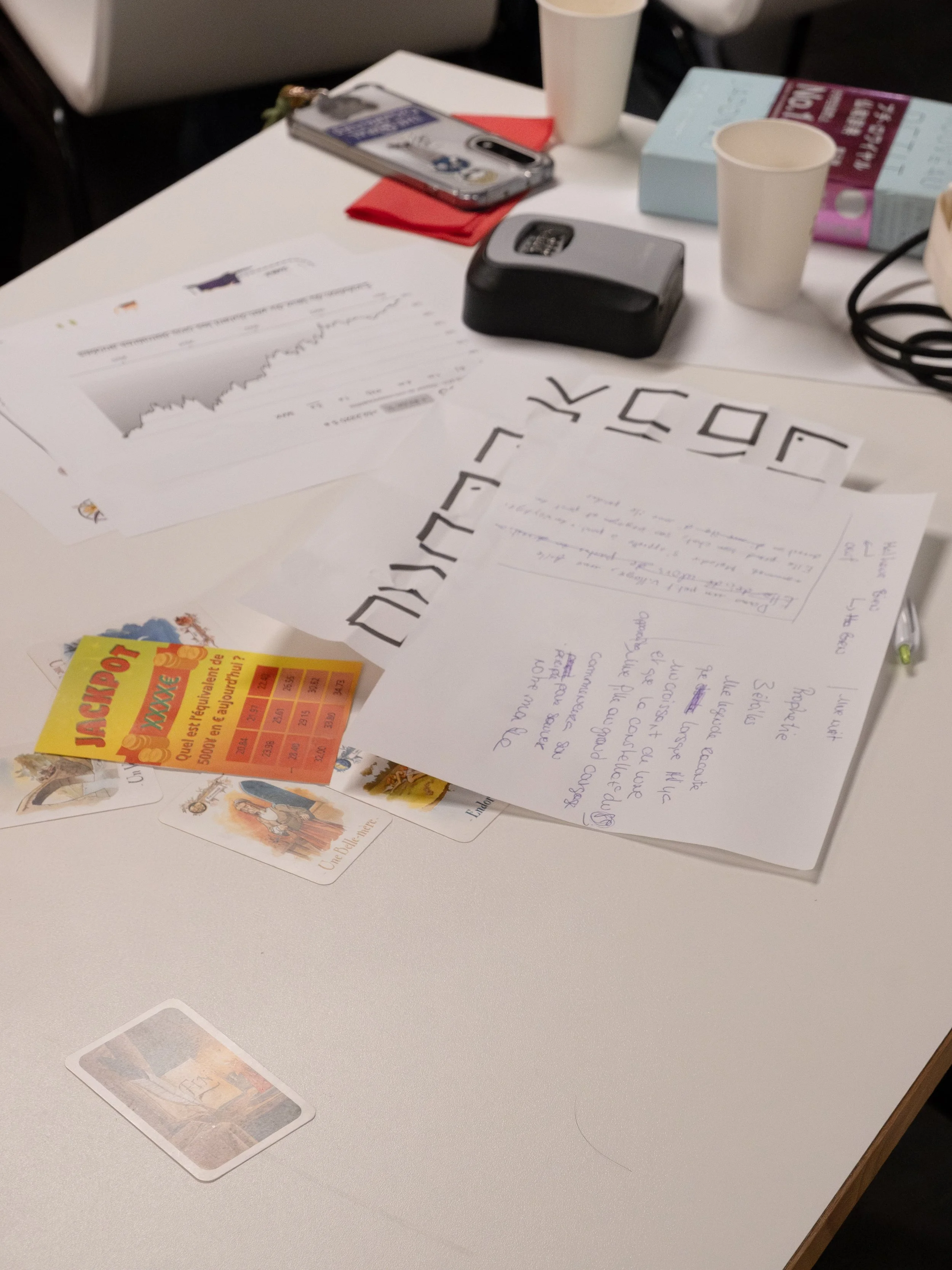 Une table de bureau avec des papiers, une fiche de loto, des cartes, un stylo, et des objets personnels, dans un environnement de travail ou de réunion.