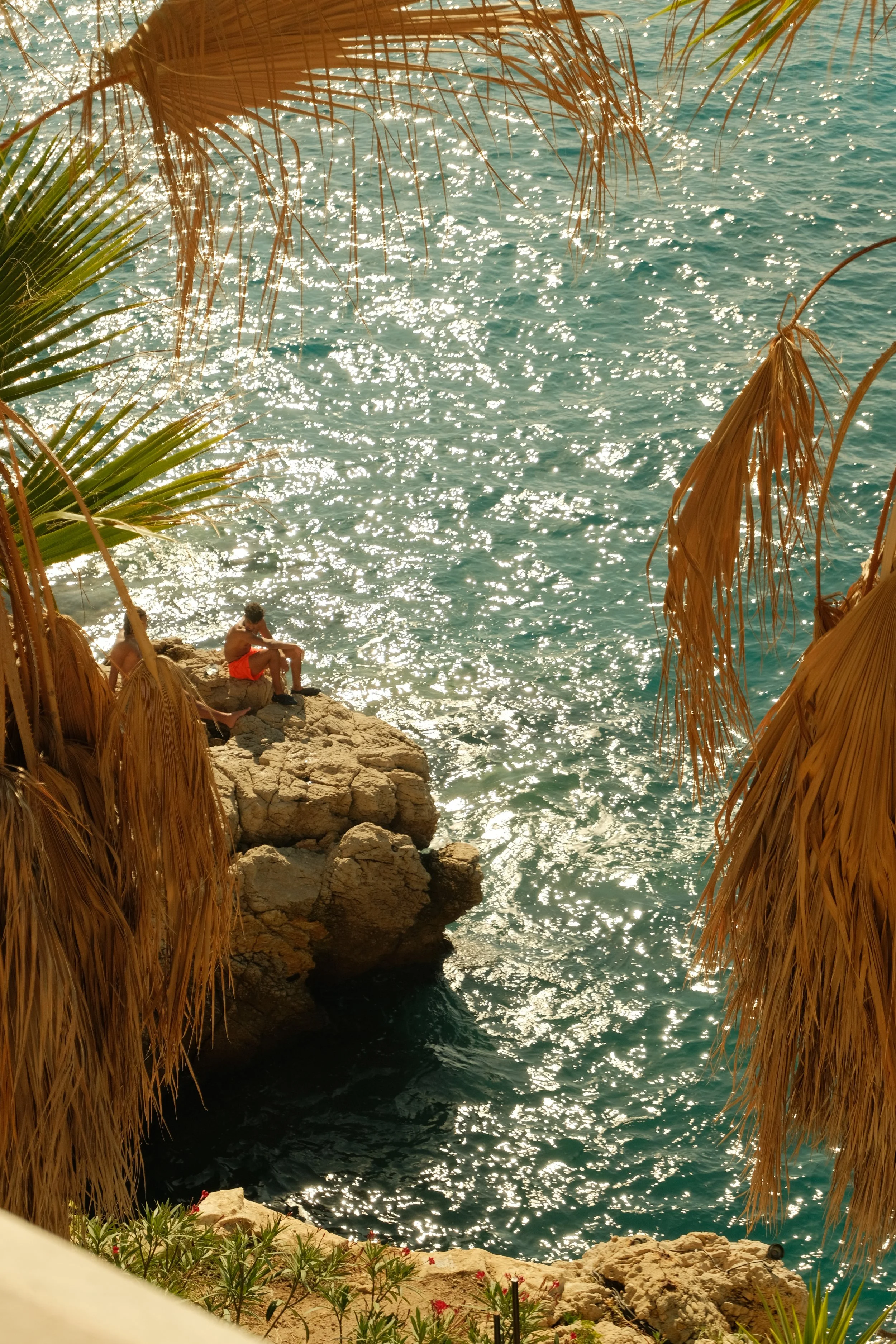 Deux personnes assises sur une falaise rocheuse surplombant la mer turquoise. Des palmiers séchés encadrent la scène, et le soleil reflète sur l'eau.