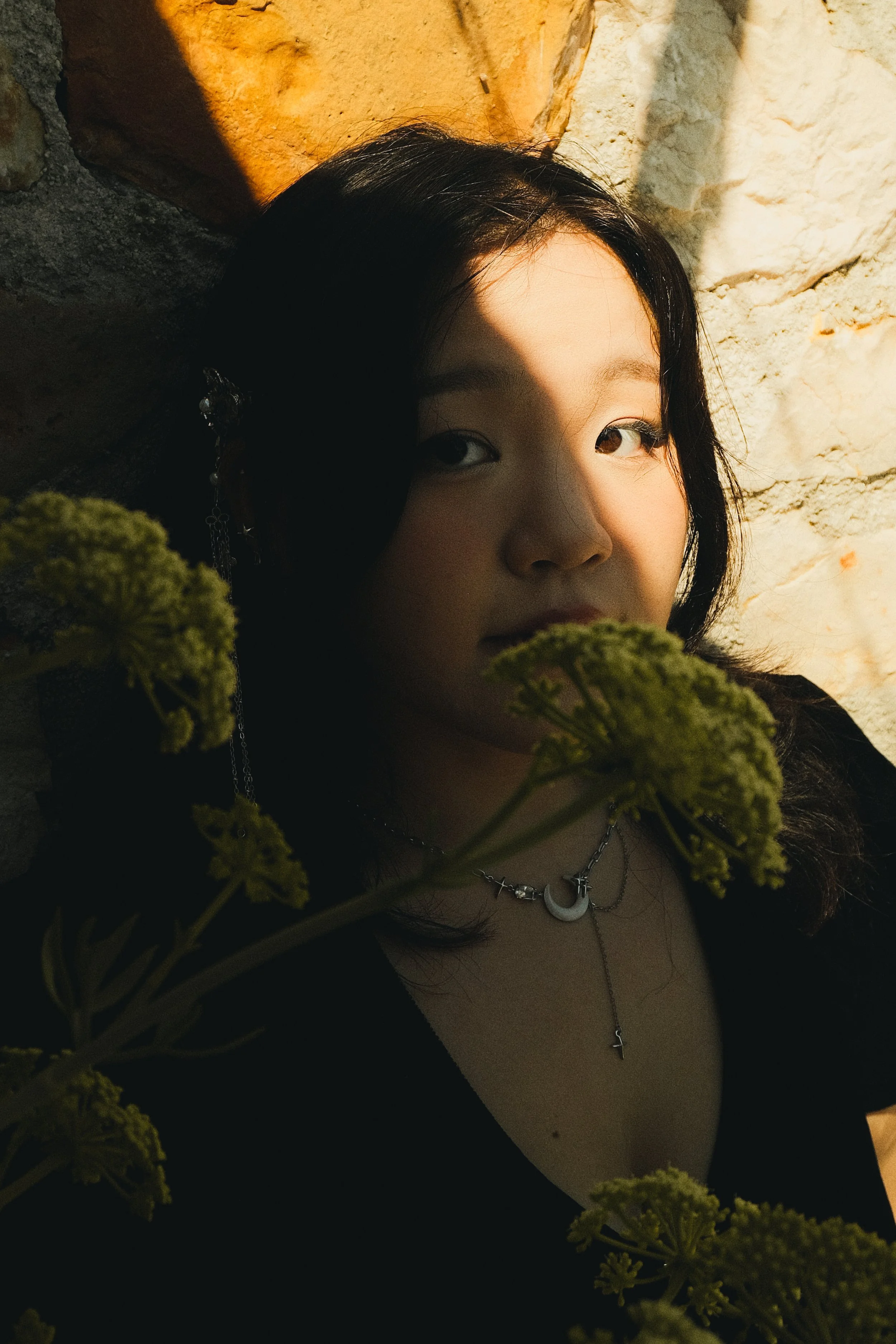Jeune femme aux cheveux noirs portant des bijoux, avec des fleurs vertes, photo prise en lumière naturelle et ombre sur un mur en pierre.