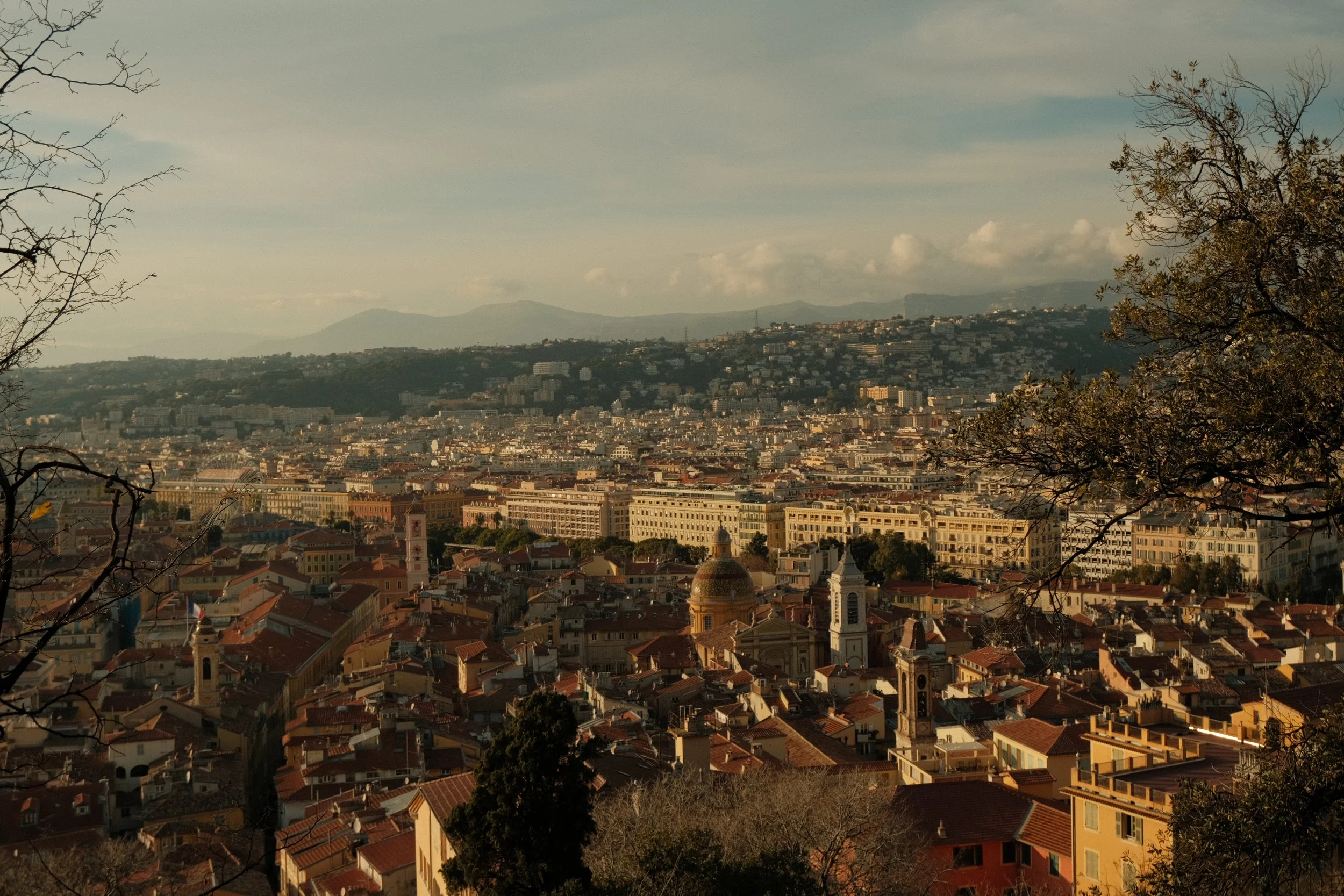 Vue urbaine de San Francisco avec des montagnes en arrière-plan, des bâtiments anciens, des églises avec des dômes, et des arbres au premier plan.