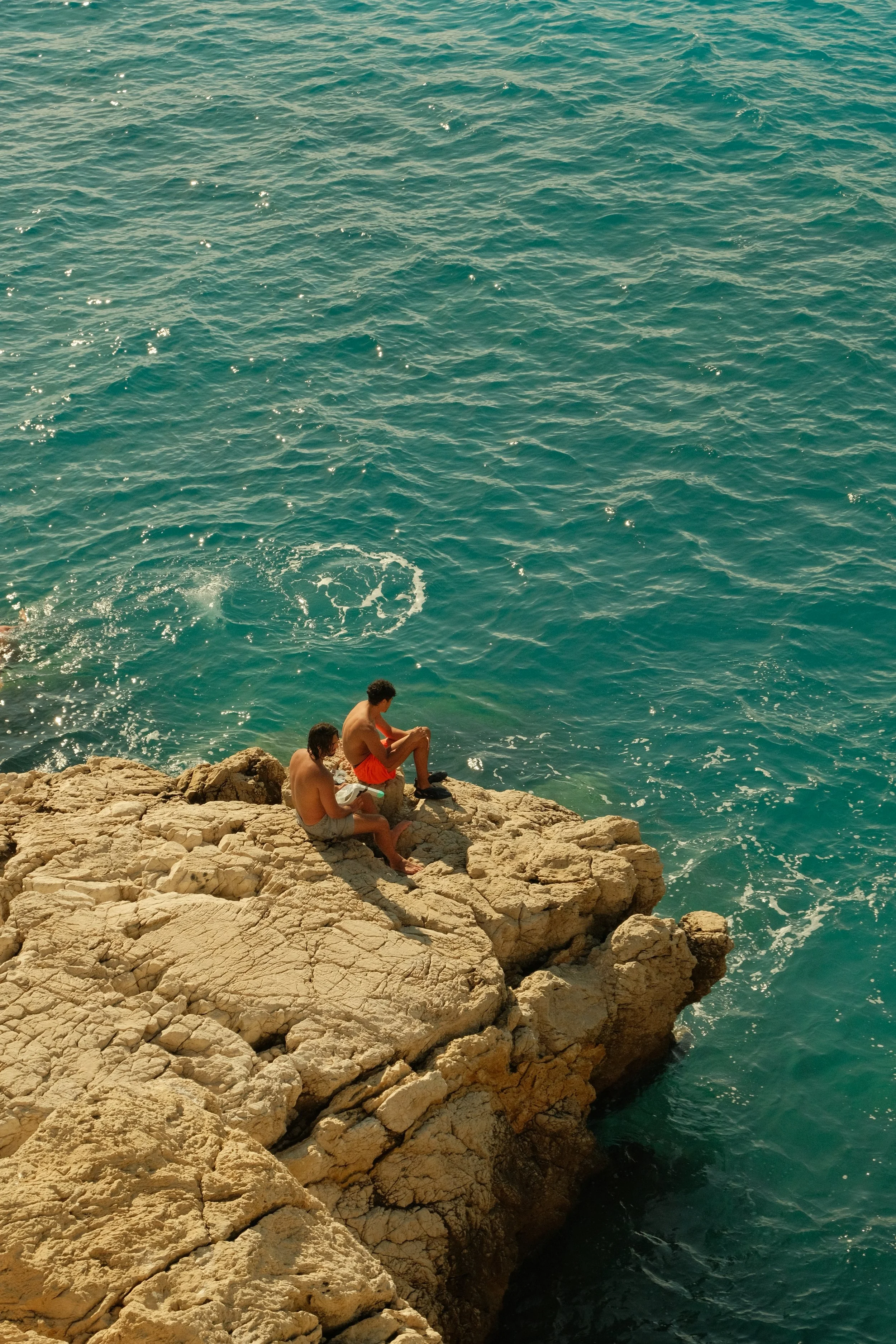 Deux garçons assis sur une roche au bord de la mer, l'un regardant l'eau, l'autre lisant un livre, sous un ciel ensoleillé.