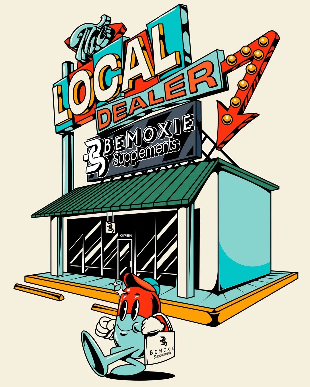 Digital illustration for Bemoxie Supplements in Mesquite, Texas.
A retro-inspired design with bold graphics that highlights the brand&rsquo;s identity and its physical location: The Local Dealer.

Work by Porras Visual&reg;

#DigitalIllustration #Gra
