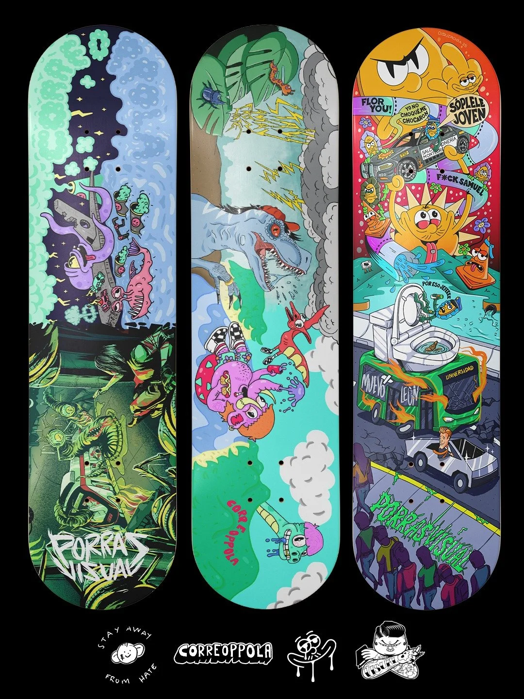 Aqu&iacute; est&aacute; la colecci&oacute;n completa de ilustraciones para tablas de skate.
Jugamos un poco con la idea de pasado, presente y futuro, abordada desde distintos estilos, formas de ver las cosas y tem&aacute;ticas seg&uacute;n la visi&oa