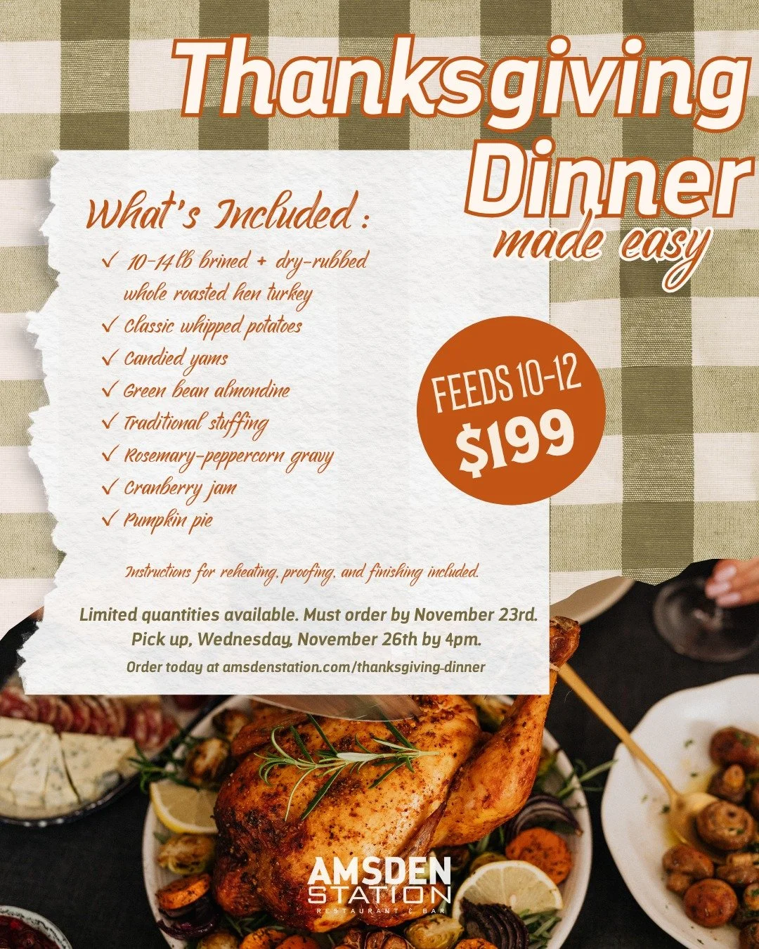 Let us cook Thanksgiving this year&mdash;you just bring the gratitude. 🦃

Skip the stress (and the dishes) with our Thanksgiving Dinner To-Go, made to feed 10&ndash;12 people for just $199.

Your feast includes:
🍗 10&ndash;14 lb brined &amp; dry-ru