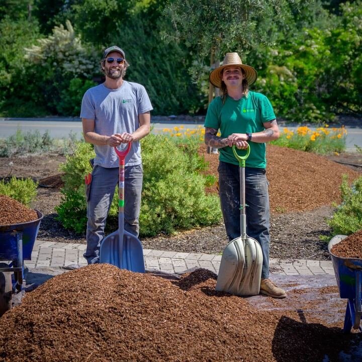 Two people standing outdoors with shovels, planting or moving mulch in a garden area. There are piles of mulch in front of them, and a background of green trees and plants.