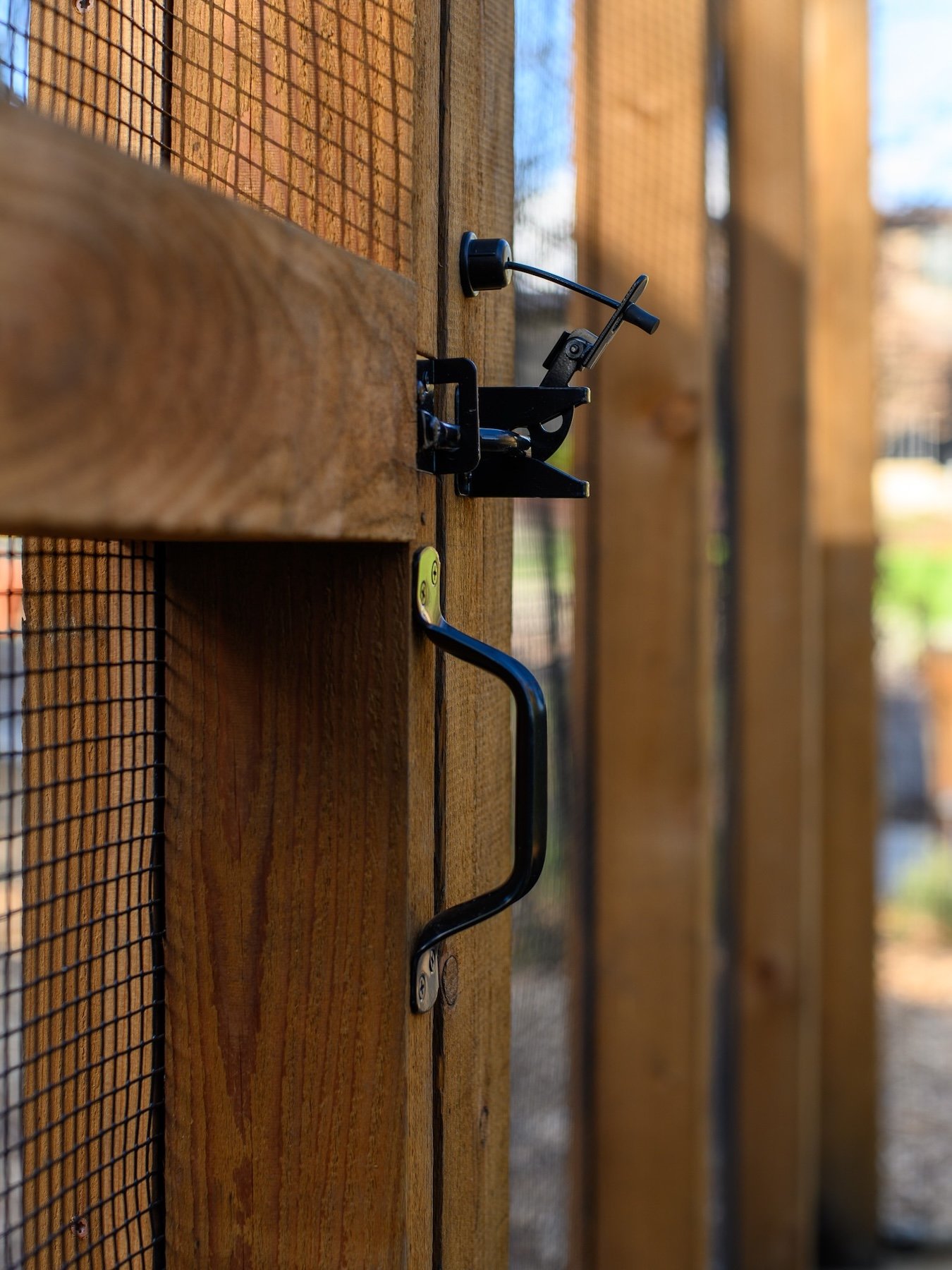Close-up of a black metal gate latch on a wooden garden enclosure post - Orchard Keepers