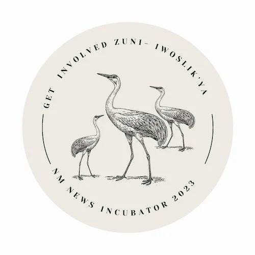 Illustration of three Zuni cranes with the text 'Get involved Zuni - Involved Zuni' and 'WN News Incubator 2023' arranged in a circular pattern.