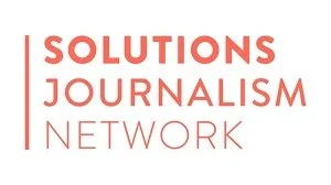Logos of Solutions Journalism Network in red and pink text.