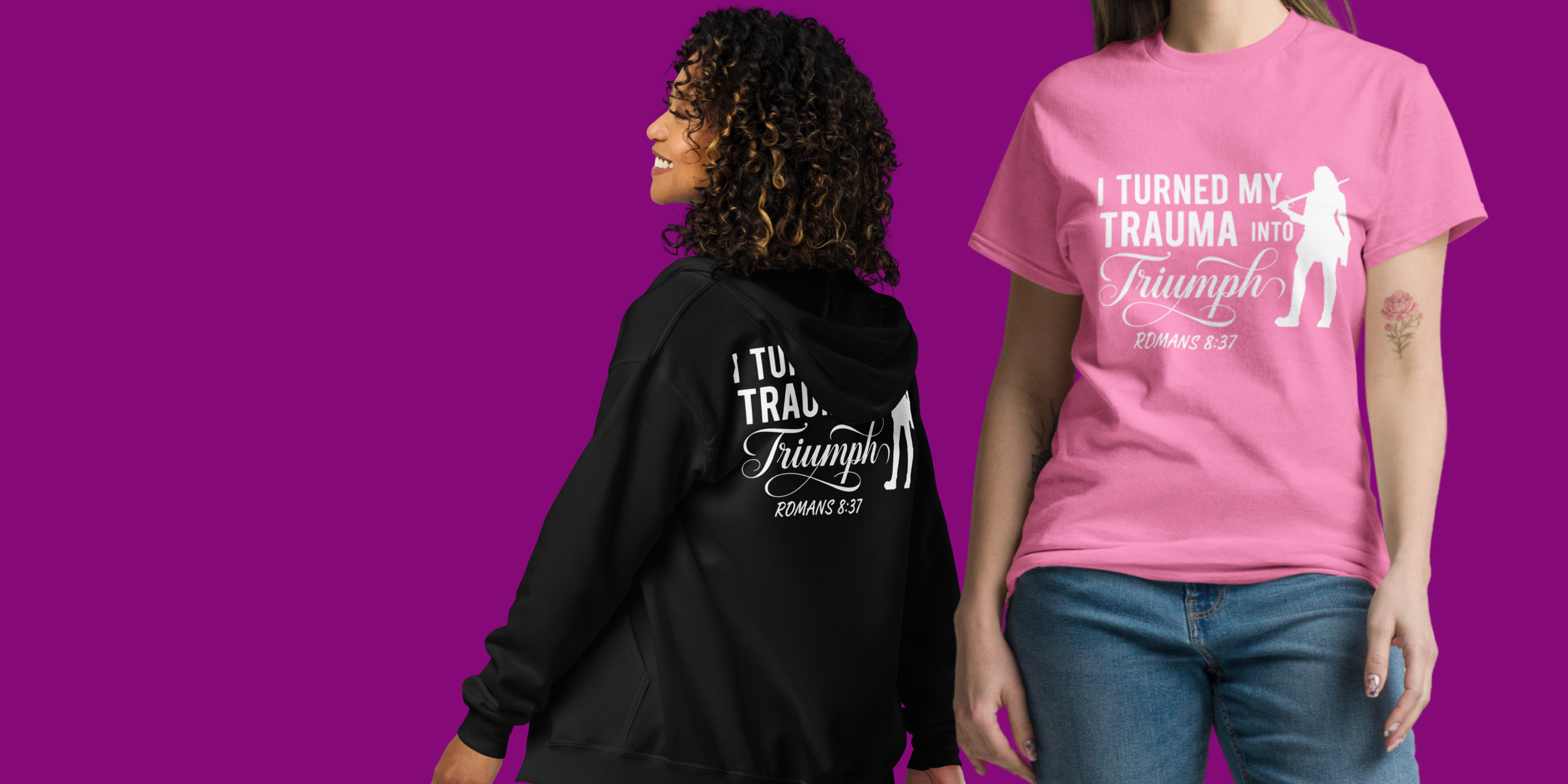 Two women wearing pink and black T-shirts with the text 'I turned my trauma into triumph, Romans 8:37' and a silhouette of a woman with a guitar, standing against a purple background.