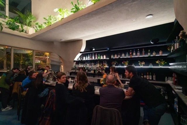 People sitting and socializing at a bar inside a modern restaurant with a curved ceiling and large windows with plants outside.