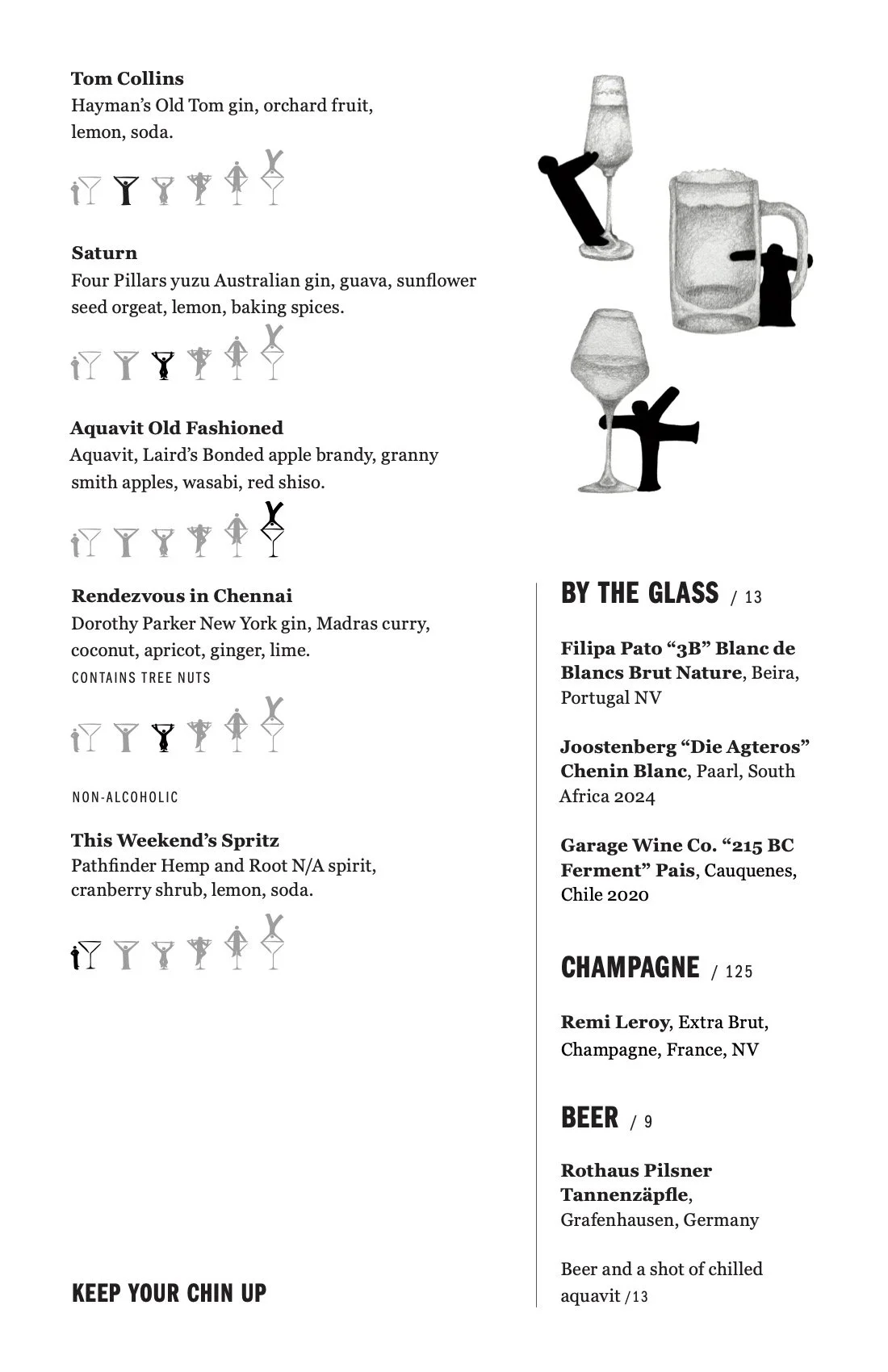 Image of a menu showing various cocktail recipes with drink names, ingredients, and icons illustrating each cocktail. There are also illustrations of cocktails and a beer mug on the right side.