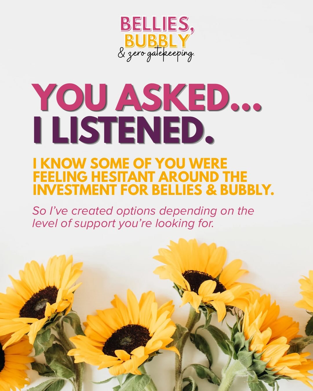 You asked&hellip; I listened 💛

I&rsquo;ve had so many messages about Bellies &amp; Bubbly and I could feel the hesitation around the investment. 

And I get it. I paid for basic prenatal classes when I was pregnant though and I found myself repeate