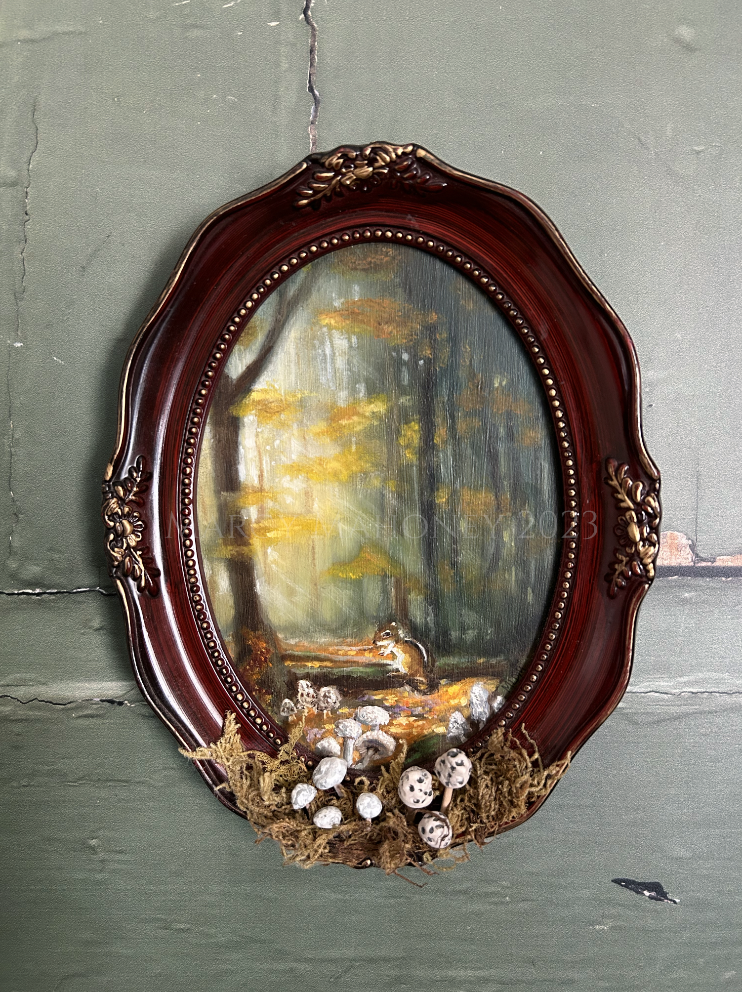 Chip's Afternoon Outing - Oil on board, hand sculpted mushrooms