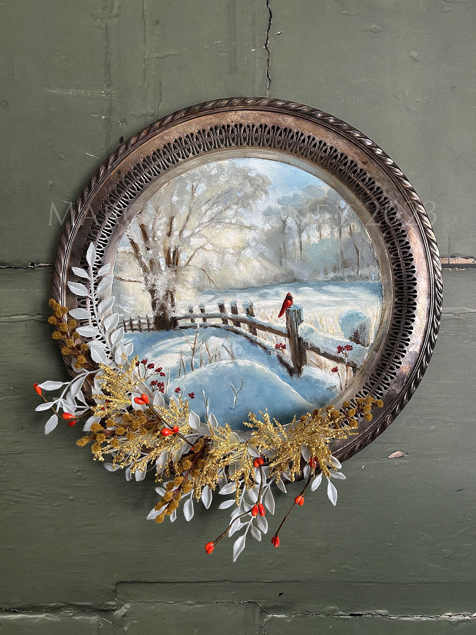 Winter Meadow - Oil on silver tray