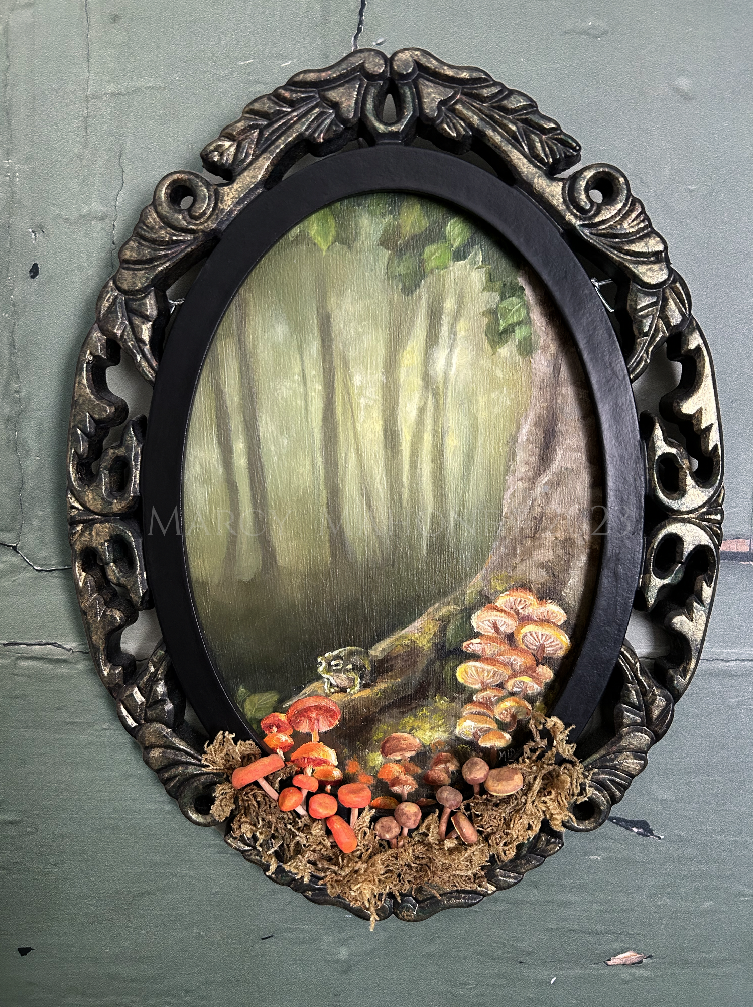 Grandma Toad's Favorite Spot - Oil on board, hand sculpted mushrooms