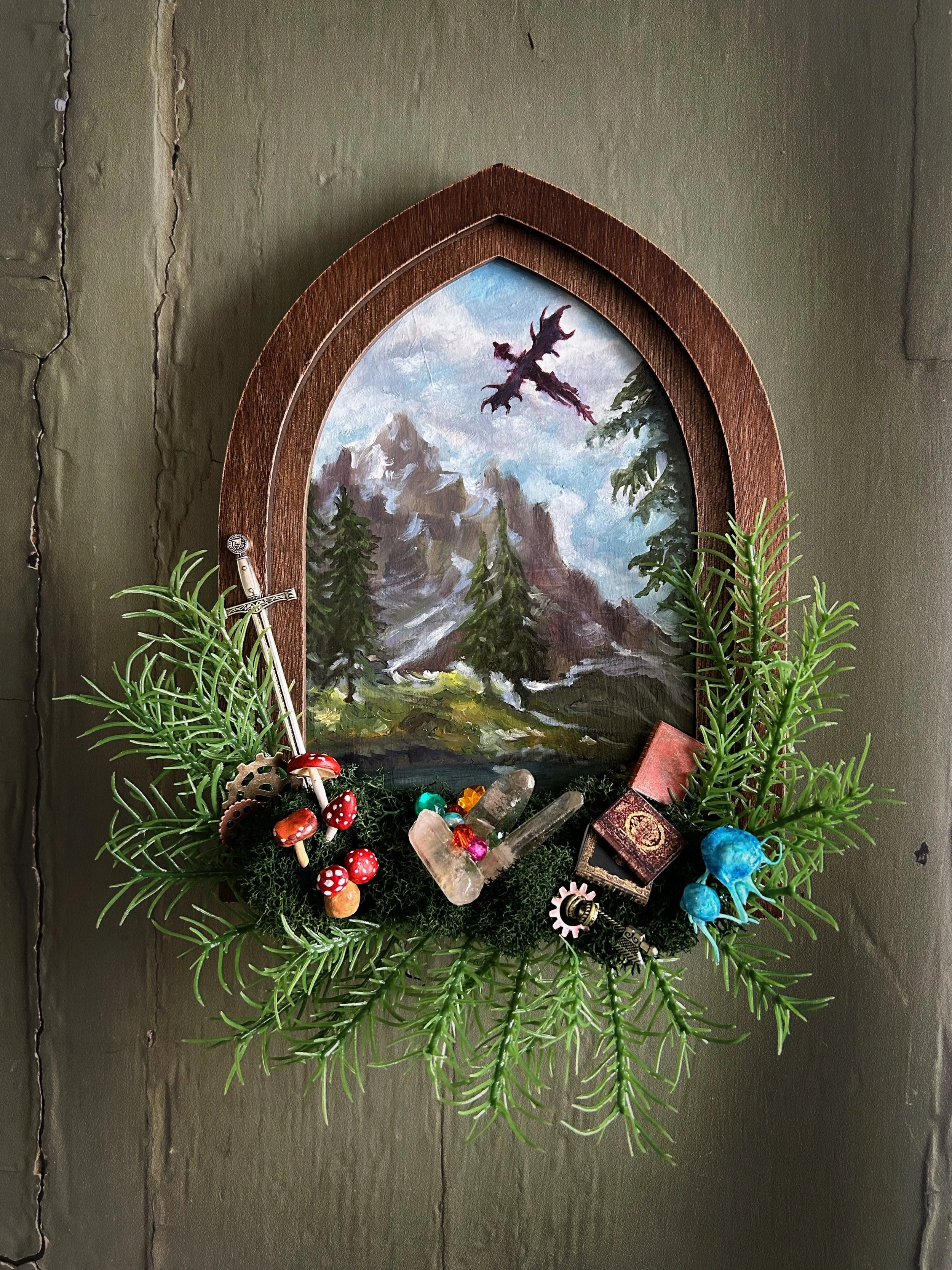 Grandma Shirley's Treasure Trove - Oil on board, hand sculpted mushrooms