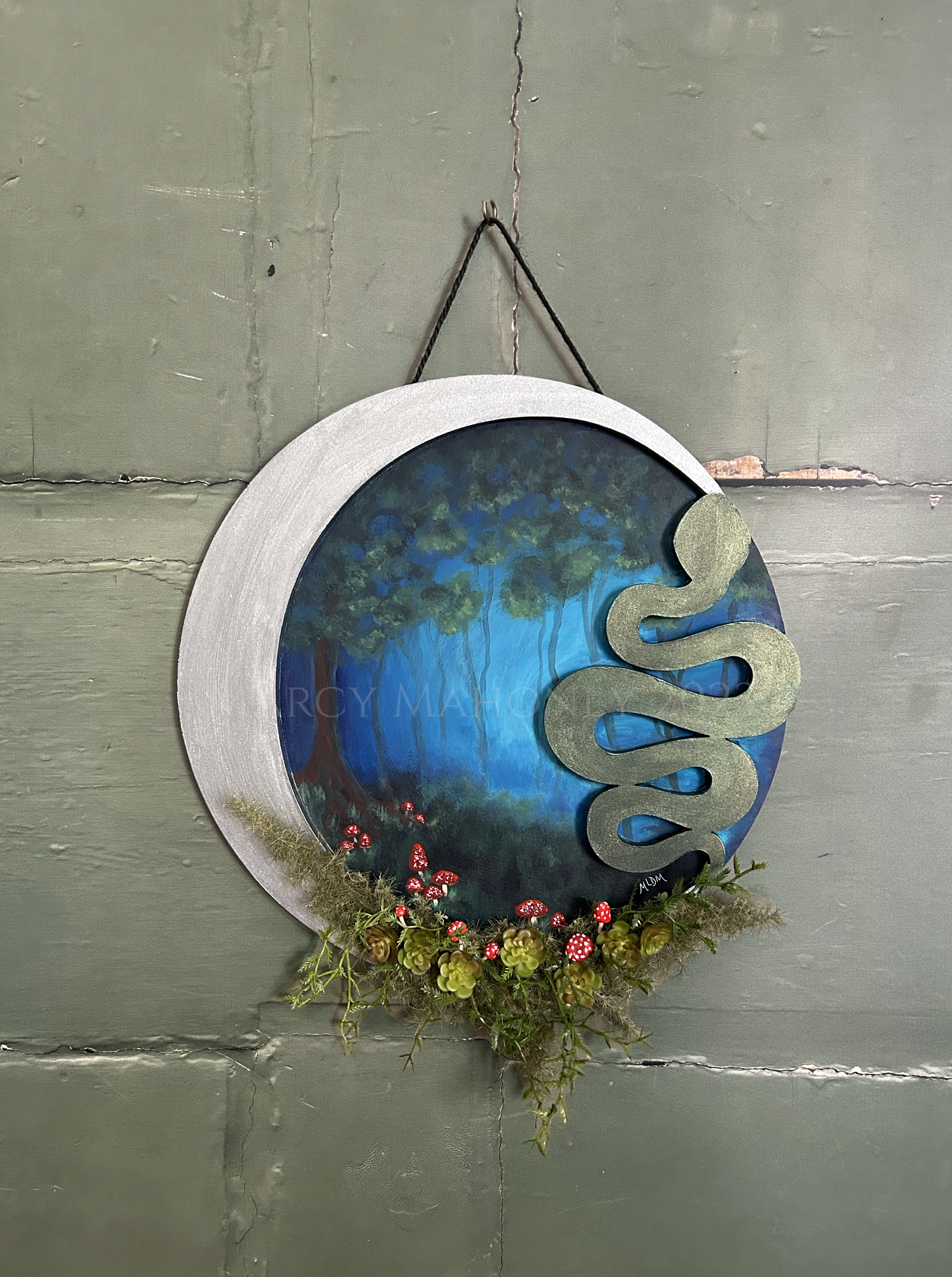 Moonlit Forest - Acrylic on wood, hand sculpted mushrooms