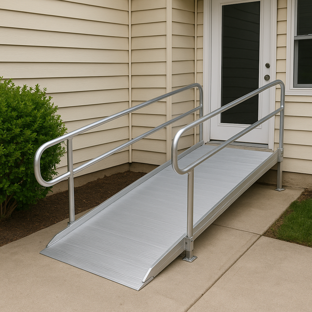 Metal wheelchair ramp leading to a house door, next to a bush and sidewalk.