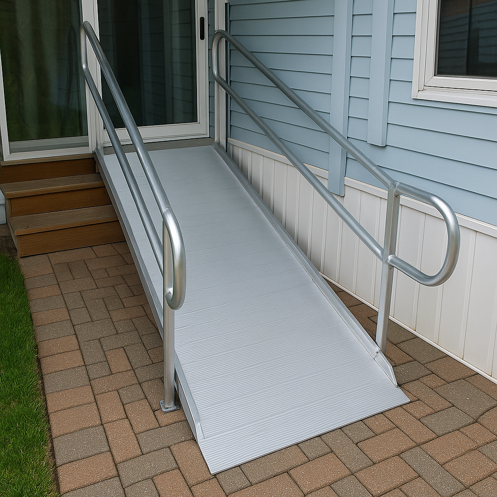 Metal wheelchair ramp leading up to a sliding glass door at a house with blue siding and brick paver patio.