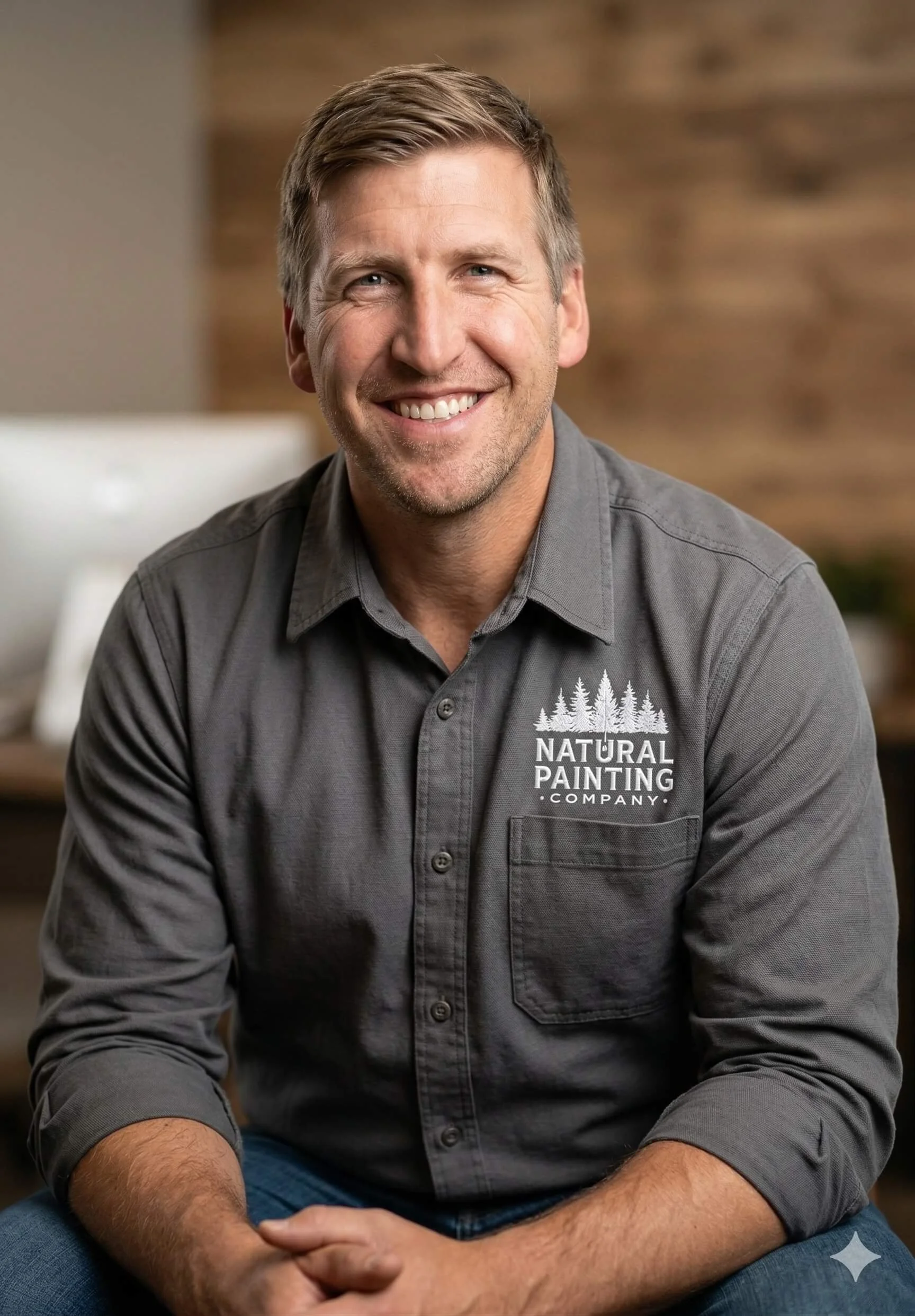 Daniel Bakke wearing a gray shirt with the 'Natural Painting Company' logo, sitting indoors with a blurred background.