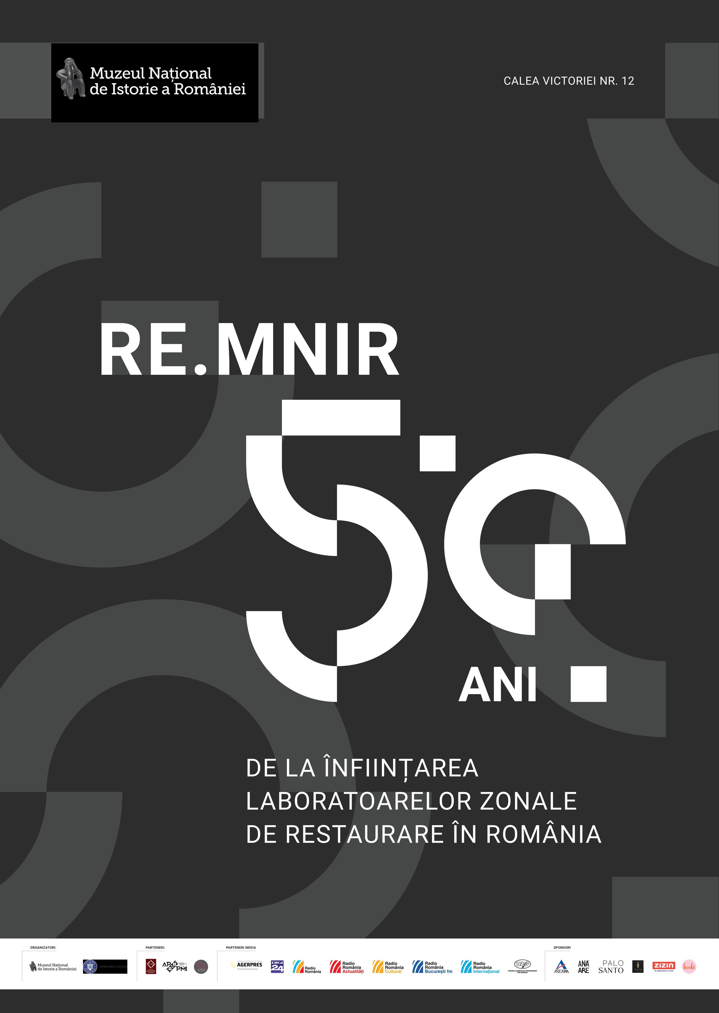 Cover page of a publication with a dark background, featuring logos and text in Romanian about a conference or event related to the history of Romania and restoration laboratories, including the title and organizer information.