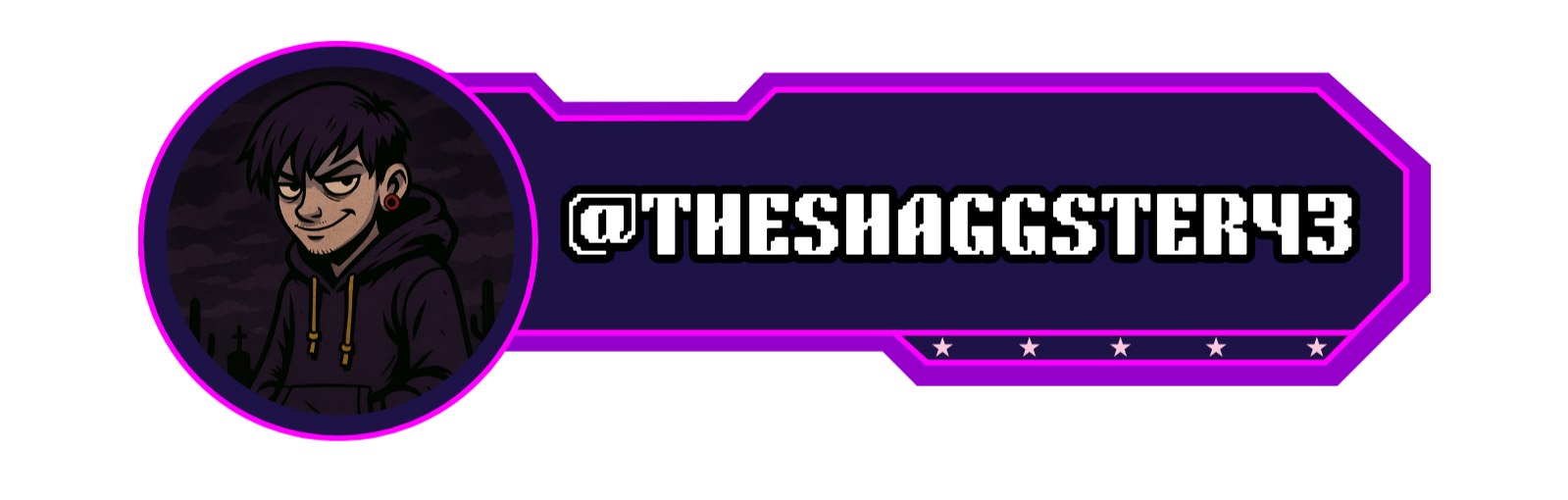 Digital banner featuring a cartoon character with dark hair and a hoodie, and the handle '@THESHAGGSTER43' in bold pixelated text, set against a purple and pink background with stars.