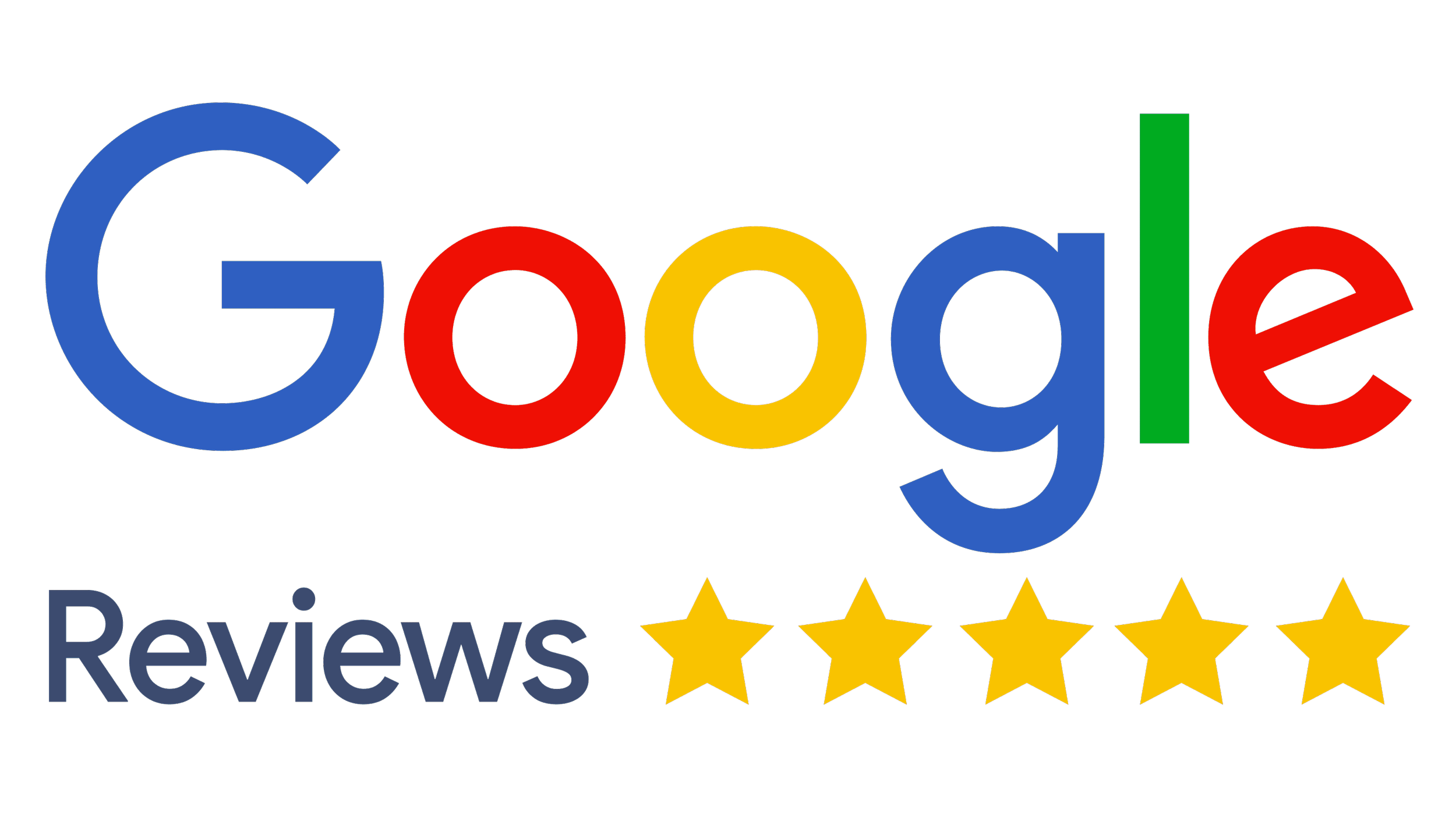 Google logo with the word 'Reviews' and five gold stars underneath, all on a black background.