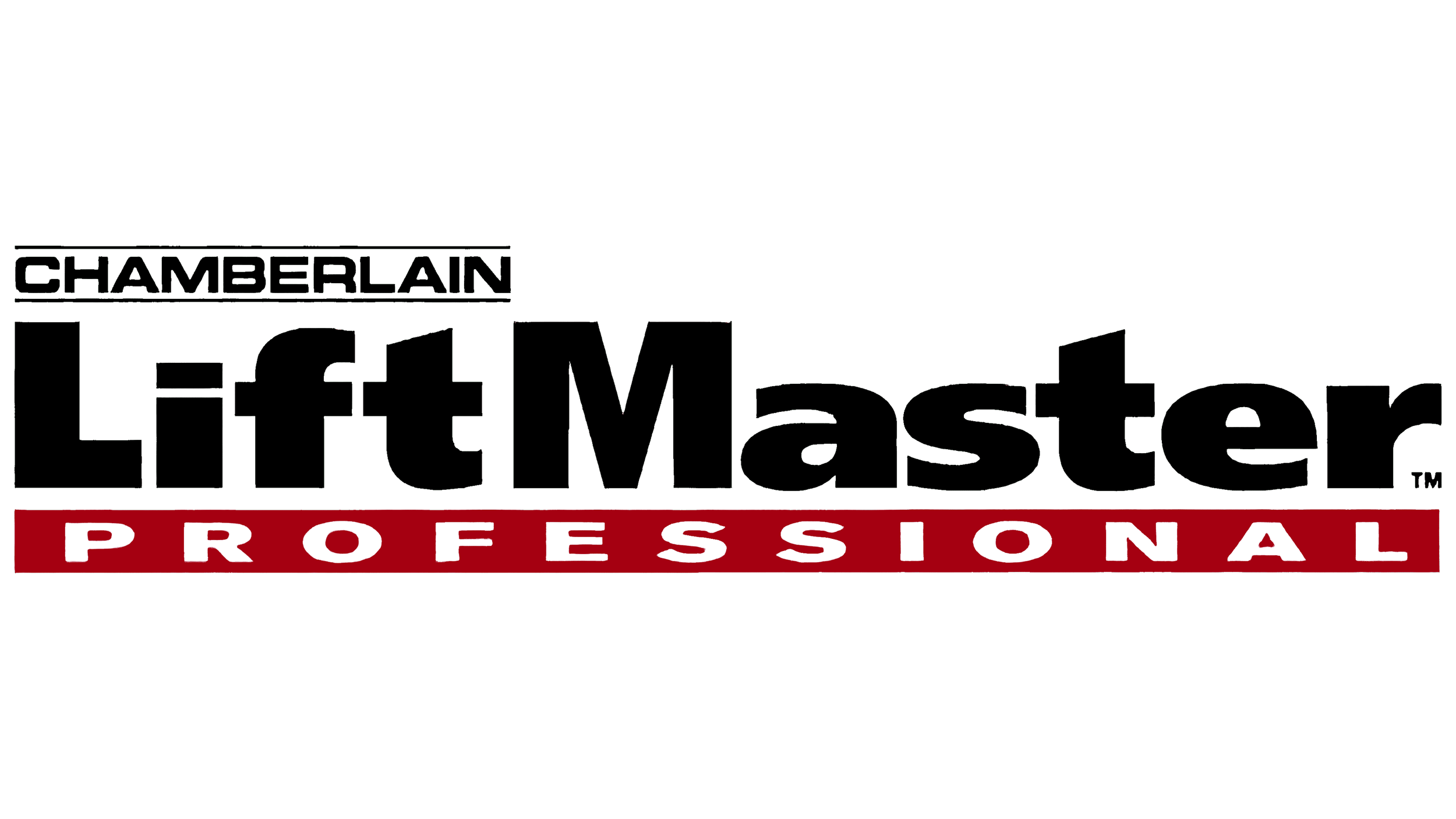 Logo of Chamberlain LiftMaster Professional with black, white, red, and green colors.