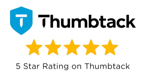 Thumback logo with a blue shield and a white T, five gold stars below, and the text '5 Star Rating on Thumback'.