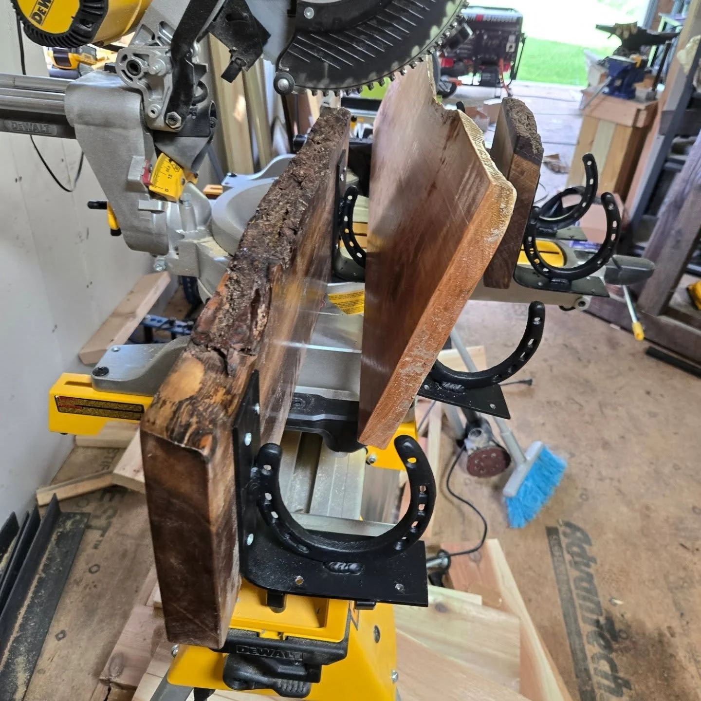We got some fabricated Horseshoe brackets on live edge wood for some beautiful shelves