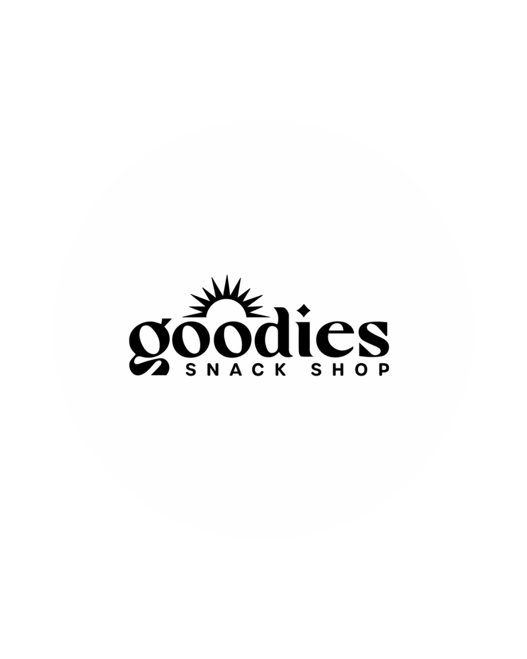 Logo for Goodies Snack Shop with a stylized sun over the word 'goodies' and 'SNACK SHOP' written below.