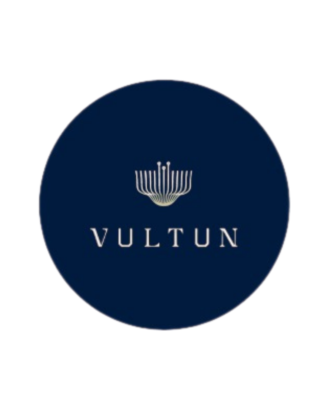 Vultun logo featuring a stylized lily and the word 'VULTUN' in white on a dark blue circular background.