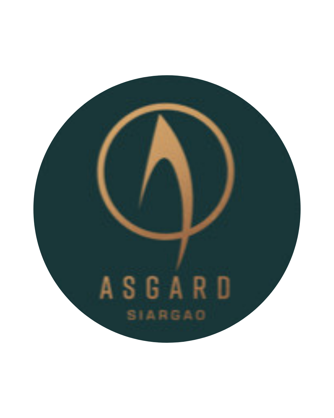 Dark circular logo with a gold stylized symbol resembling a combination of a spearhead and a lightning bolt, and the words 'ASGARD' and 'SIARGAO' written below.