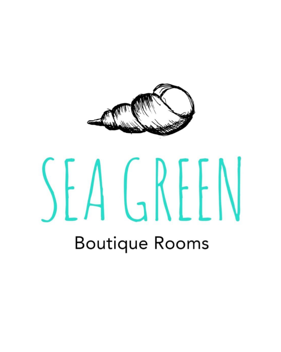 Logo for Sea Green Boutique Rooms featuring a hand-drawn seashell and teal text reading 'Sea Green' above black text 'Boutique Rooms'.