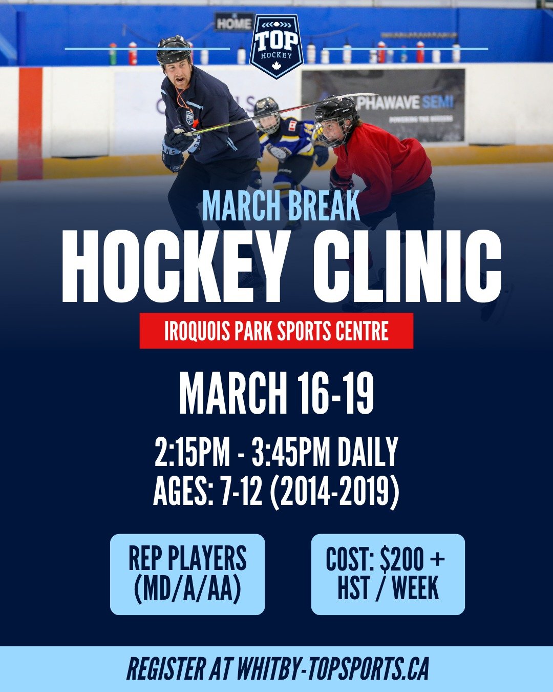 DURHAM, TOP HOCKEY IS COMING SOON! 🔥

Registration for our intensive March Break Clinic is NOW OPEN, running March 16-19 at Iroquois Park Sports Centre in Whitby.

Players will receive five days of focused, high-quality development led by certified 