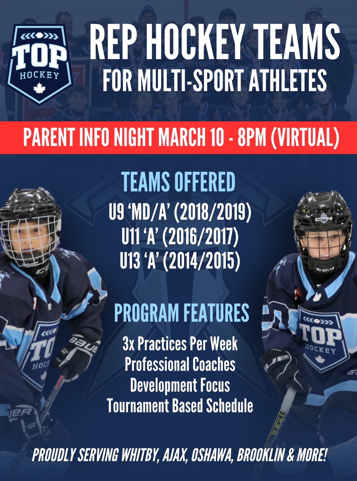 MEET DURHAM'S NEWEST MINOR HOCKEY CLUB!

Join us on Tuesday March 10 at 8pm on Zoom for a TOP Hockey Parent Info Night!

Please RSVP online by visiting www.whitby-topsports.ca, or by clicking the link in our bio! Any questions can be directed to whit