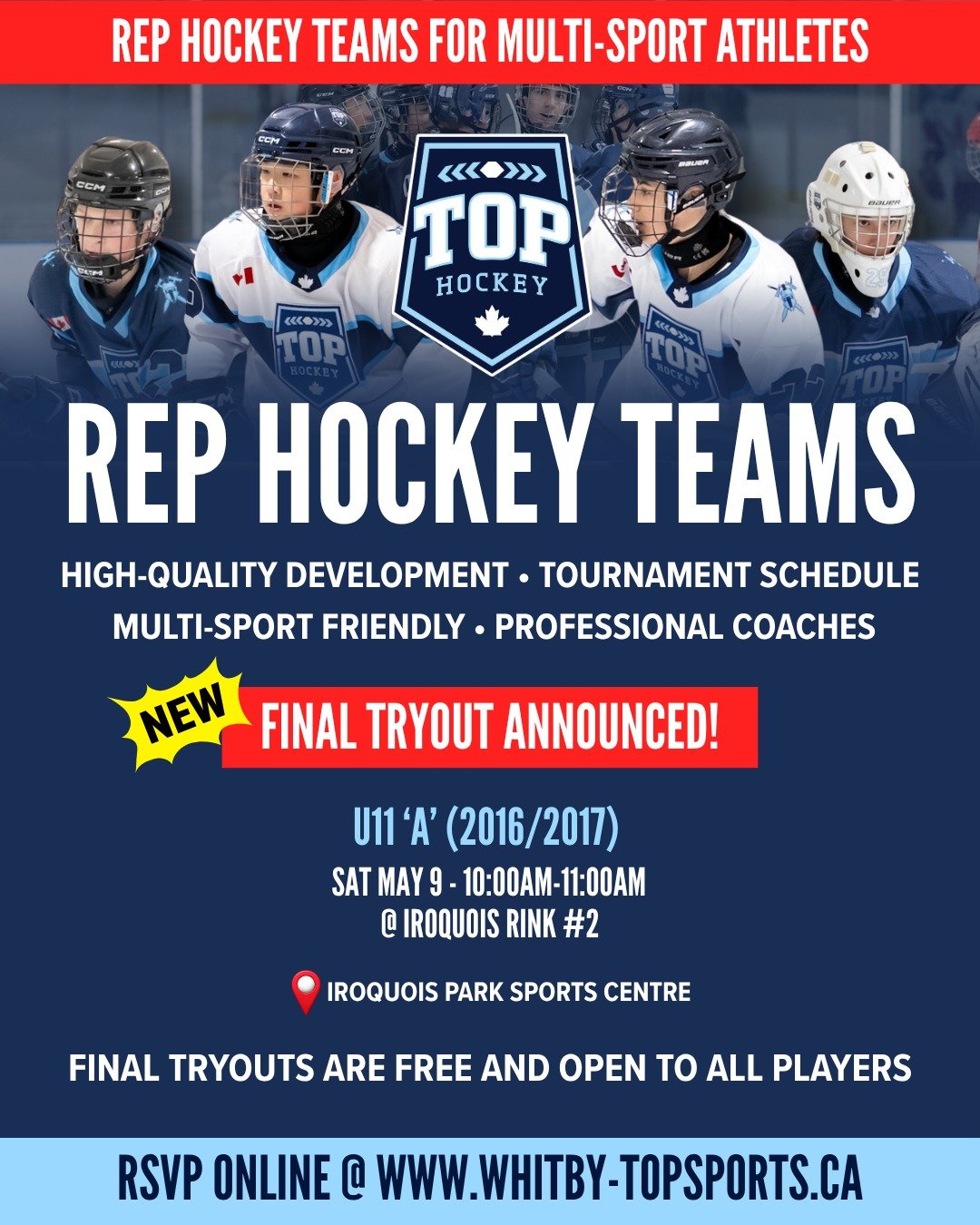 🛎 FINAL U11 TRYOUT!

Looking for a competitive hockey team this Fall? 

We are down to our final few open spots on our U11 'A' team - don't miss out! Tryouts are free and open to all players - there is no cost to skate.

If you&rsquo;re interested i