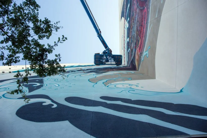 Close detail of the jaws section on Nychos’s San Jose shark mural; painter on a Genie S-85 boom lift. San Jose Sharks collaboration with VAST coordination.